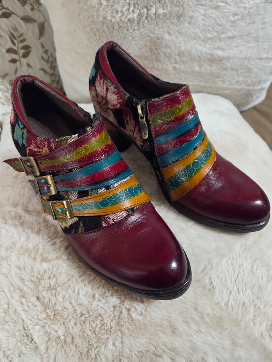 Socofy Shoes - Socofy Multicolor Floral  Strap Block Heel Shoes  Burgundy Accent. Sz 39 Or 81/2